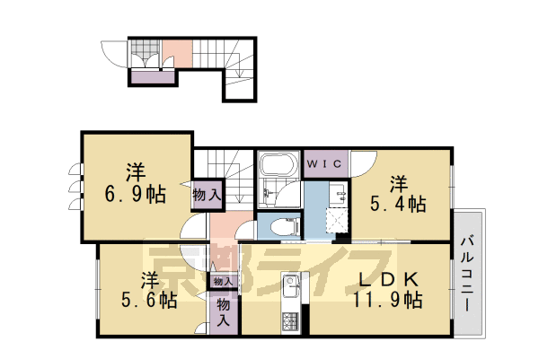 ■3LDK:洋5.4×洋5.6×洋6.9×LDK11.9(69.65 ㎡)