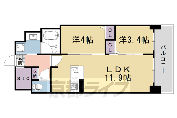 ■2LDK：洋4×洋3.4×LDK11.9(46.32 ㎡)
