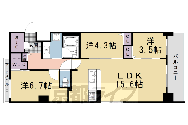 ■3LDK：洋6.7×洋4.3×洋3.5×LDK15.6(68.73 ㎡)