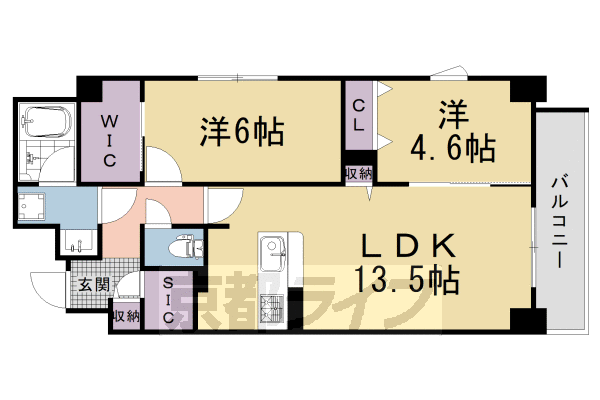 ■2LDK：洋6×洋4.6×LDK13.5(58.66 ㎡)