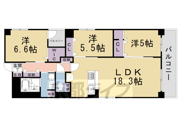 3LDK：洋5×洋5.5×洋6.6×LDK18.3(80.02㎡)